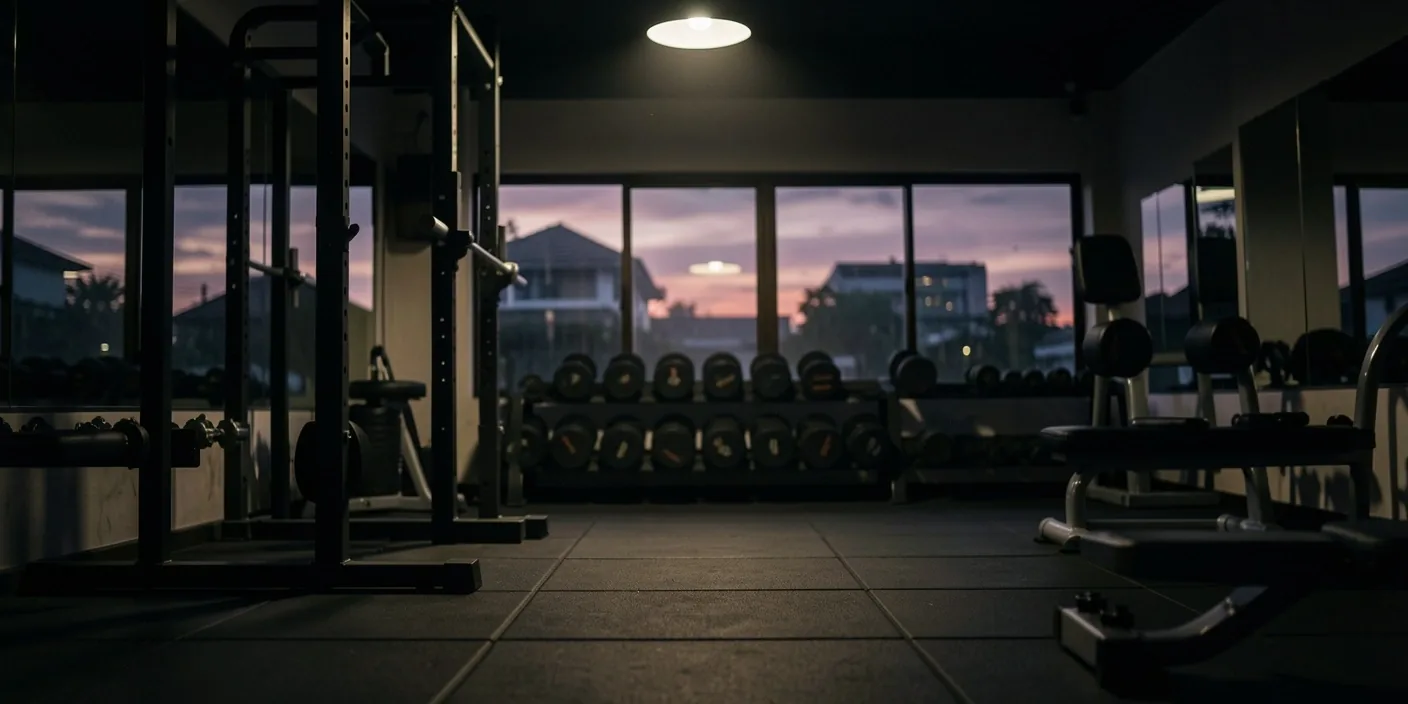 Dark moody gym interior at evening